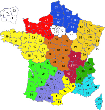 Carte de France prsentant les sections rgionales.